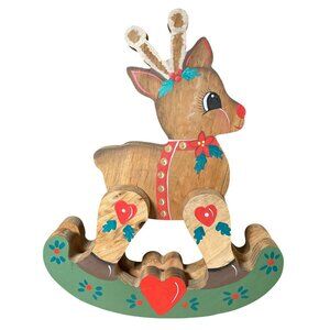 Handcrafted Wooden Rocking Reindeer Decoration With Festive Painted Details